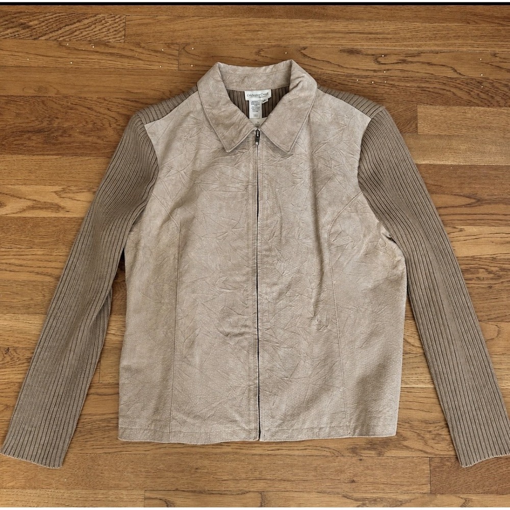 Coldwater Creek Leather Wool Knit Jacket Womens XL Tan Crinkle Suede NWT - Picture 3 of 13